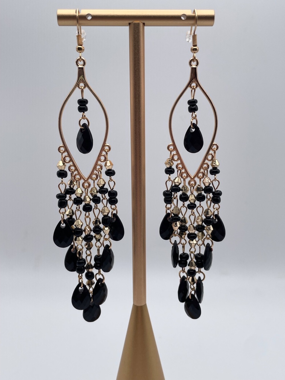 Gold and Black Teardrop Chandelier Earrings - Picture 4 of 12